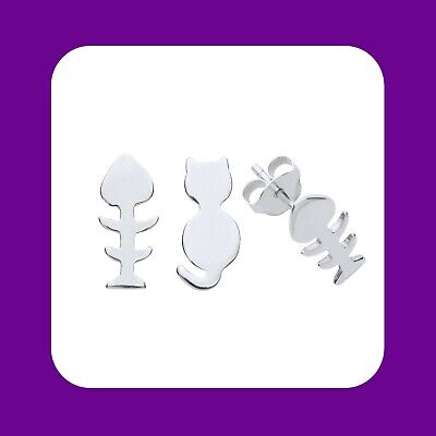Cat and Fishbone Earrings Sterling Silver 925 Hallmark Stud Ladies Studs Boxed