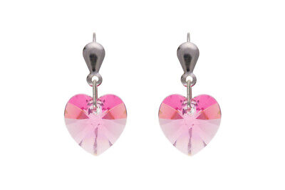 Heart Earrings Sterling Silver Drops Pink Austrian Crystal Drop