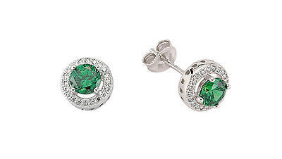Emerald Earrings Halo Stud Sterling Silver Studs Platinum Plated