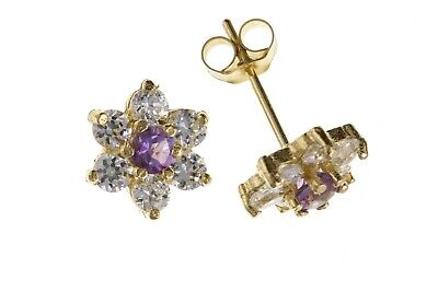 9ct Gold Amethyst Cluster Stud Earrings Yellow Gold February Birthstone Hallmark