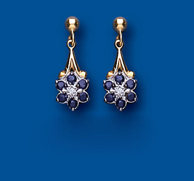 Sapphire and Diamond Earrings Yellow Gold Cluster Drop Natural Stones Hallmarked