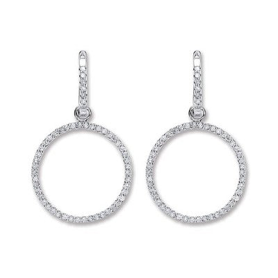 18K White Gold Diamond Pave Circle Drop Hoop Earrings 32mm Dangle Luxury