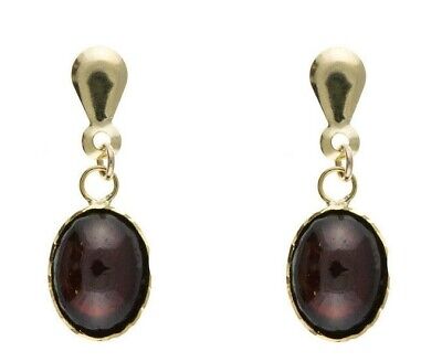 9ct Yellow Gold Garnet Drop Earrings Cabachon Drops Hallmark January Birthstone