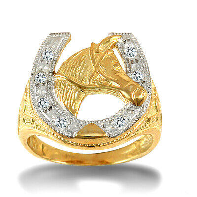 9ct Yellow Gold Cubic Zirconia Horse Shoe Ring Hallmarked