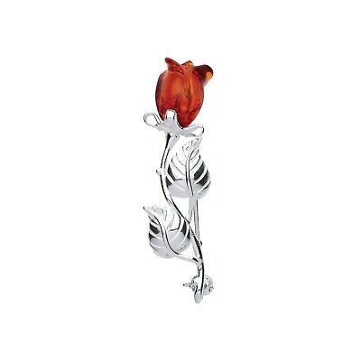 Amber Rose Brooch Solid Sterling Silver Pin 925 Hallmark