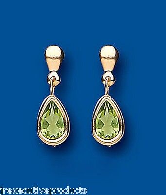 9ct Yellow Gold Perdiot Drop Earrings Pear Drops Hallmarked August Birthstone