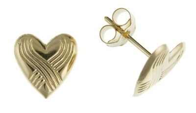 9ct Patterned Heart Stud Earrings Yellow Gold Studs British Made