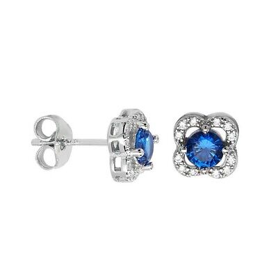 Sterling Silver Sapphire Earrings Halo Studs Rhodium British Made 925 Hallmark