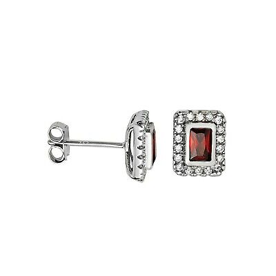 Emerald Cut Garnet Earrings Sterling Silver Stud British Made 925 Hallmark
