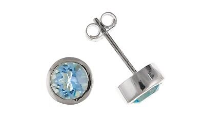 Blue Topaz Silver Earrings Solitaire Stud 6mm Studs Real Stone 925 Hallmark