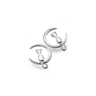 Cat and Moon Earrings Sterling Silver 925 Hallmarked Studs