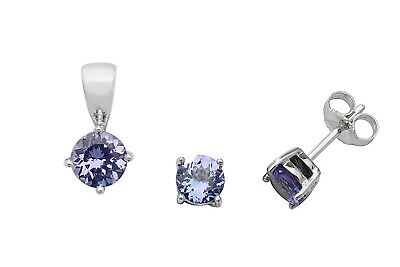 Tanzanite Pendant and Earrings Set Classic Solitaire 9ct White Gold Hallmarked