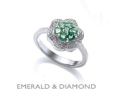Emerald and Diamond Ring Engagement Ring Sterling Silver Platinum Plated Ring