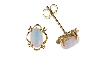 9ct Gold Opal Solitaire Earrings Yellow Gold Oval Studs October Birthstone