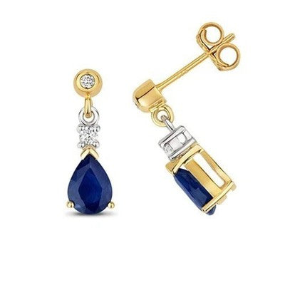 Yellow Gold Sapphire & Diamond Drop Earrings Pear Cut Teardrop Dangle Studs
