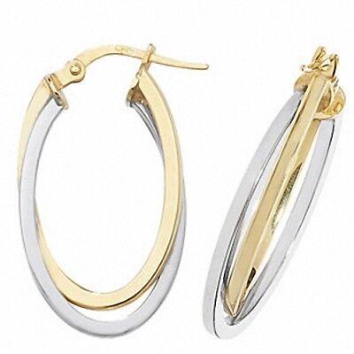 Gold Hoop Creole Earrings Hallmark Yellow & White Gold Oval Hoop Earrings 24mm