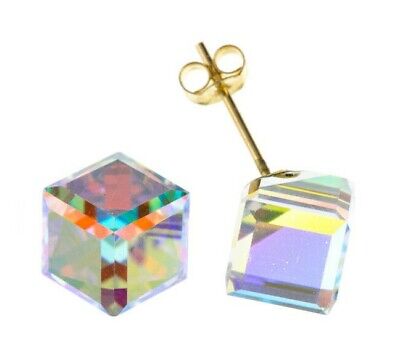9ct gold Crystal Cube Earrings Yellow Gold Studs Austrian Crystal