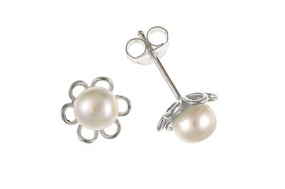 Pearl Earrings Flower Stud Sterling Silver Studs