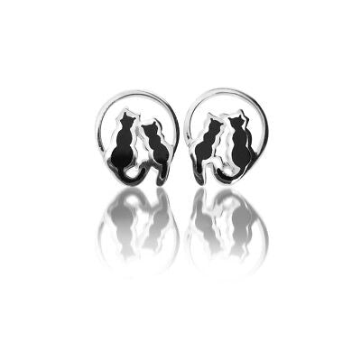 Moonlight Black Cat Earrings Sterling Silver 925 Hallmarked Studs