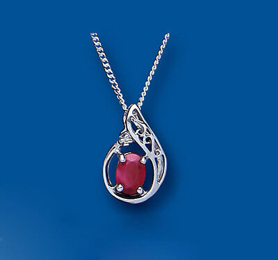 Ruby and Diamond Pendant Solid Sterling Silver 18" Chain Natural Precious Stones