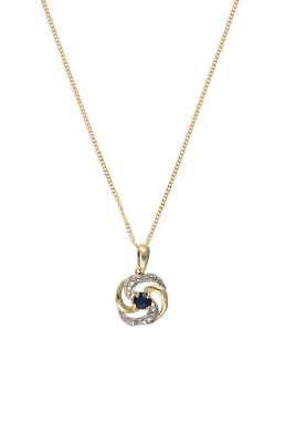 Yellow Gold Sapphire Pendant Swirl Design hallmarked 18" Chain Necklace