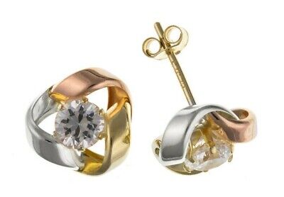 Multi Tone Gold Knot Stud Earrings Rose Yellow White Gold Hallmarked 6mm