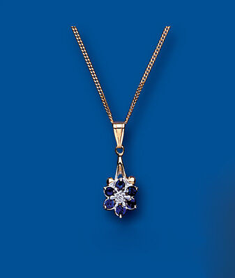 Sapphire and Diamond Pendant 9ct Yellow Gold Cluster 16 - 18" Chain Real Stones