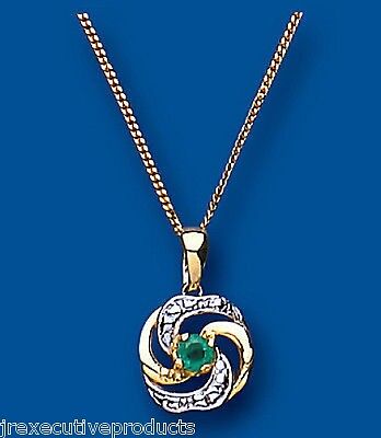 Yellow Gold Emerald Pendant 18" Chain Hallmarked British Made Natural Emeralds