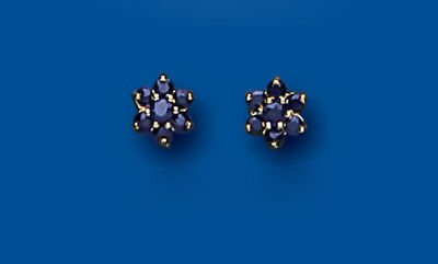 9ct Gold Sapphire Earrings Yellow Gold Cluster September Birthstone Hallmark
