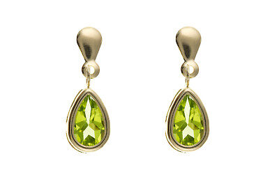 9ct Yellow Gold Perdiot Drop Earrings Pear Drops Hallmarked August Birthstone