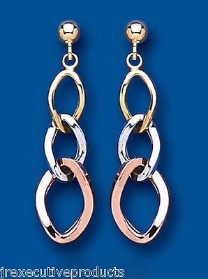 Three Colour Gold Drop Earrings 9ct Yellow White Rose Gold Hallmark Drops Dangly