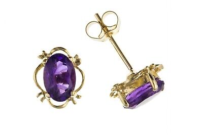 9ct Gold Amethyst Stud Earrings Yellow Gold Oval Studs February Birthstone