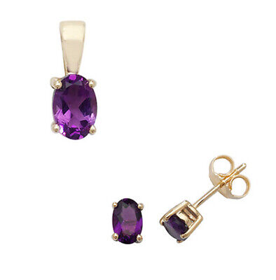 Amethyst Pendant and Earrings Set Oval Solitaire 9ct Yellow Gold Hallmarked