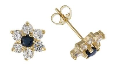 9ct Gold Sapphire Cluster Earrings Flower Studs Yellow Gold September Birthstone