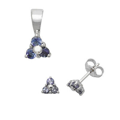Tanzanite Pendant and Earrings Set Three Stone Trilogy 9ct White Gold Hallmarked