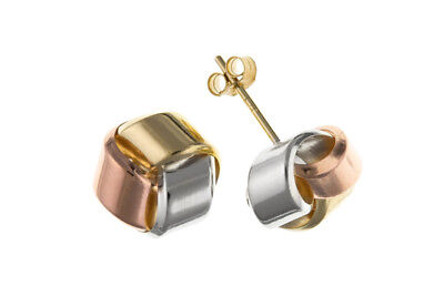 Multi Tone Gold Knot Stud Earrings 9mm Solid 9 Carat Yellow Rose White Gold