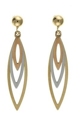 Three Colour Leaf Drop Earrings 9ct Yellow White and Rose Gold Drops Hallmarked