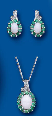 Emerald and Opal Pendant and Earrings Set With Diamond Solid Sterling Silver