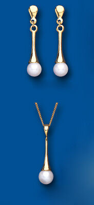 Pearl Set Yellow Gold Pendant and Earrings Drops Hallmarked British Made