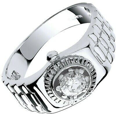 9ct White Gold Watch Style Ring Solitaire Gents Hallmarked