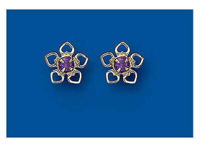9ct Gold Amethyst Flower Earrings Heart Edge Yellow Gold February Birthstone