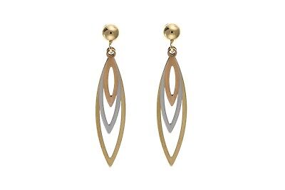 Three Colour Leaf Drop Earrings 9ct Yellow White and Rose Gold Drops Hallmarked