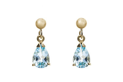 9ct Yellow Gold Blue Topaz Drop Earrings Teardrop Hallmark November Birthstone