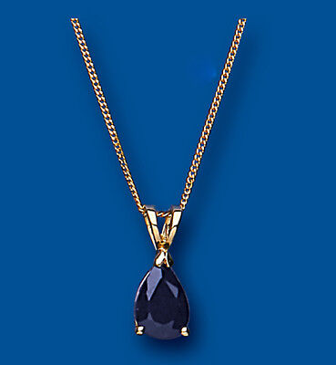 Yellow Gold Sapphire Pendant Pear Solitaire Hallmarked 18" Chain British Made