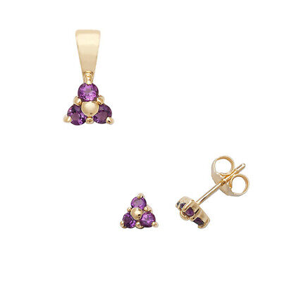 Amethyst Pendant and Earrings Set Three Stone Trilogy 9ct Yellow Gold Hallmarked