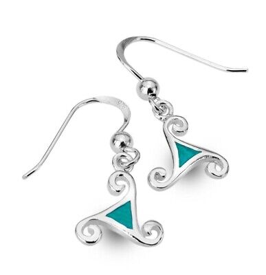 Celtic Triskele Drop Earrings With Turquoise Solid Sterling Silver 925 Stamp