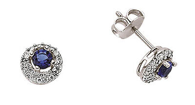 Sapphire Earrings Halo Stud Platinum Plated Sterling Silver Studs Cluster