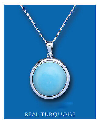 Large Real Turquoise Pendant Solid Sterling Silver 925 Hallmark 18" Chain