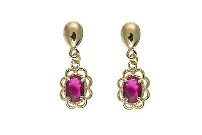 9ct Yellow Gold Ruby Drop Earrings Oval Drops Hallmark July Birthstone