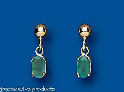 9ct Yellow Gold Emerald Drop Earrings Oval Drops Hallmarked May Birthstone